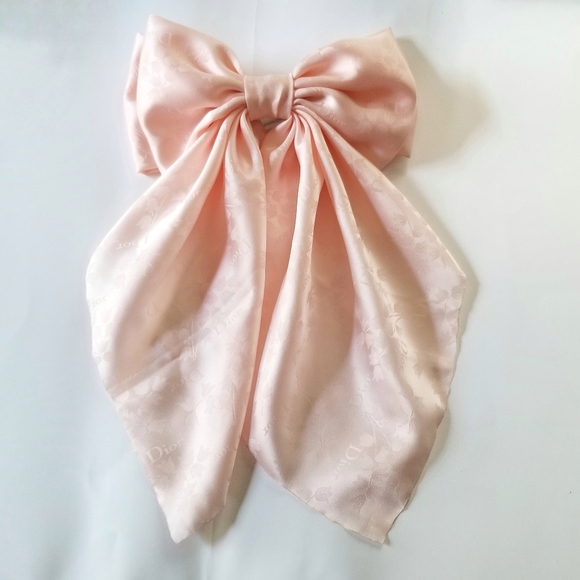 Handmade Hair Bow Using Vintage Dior Satin Fabric Pink 7.5"x12" Double Bow - Picture 1 of 4